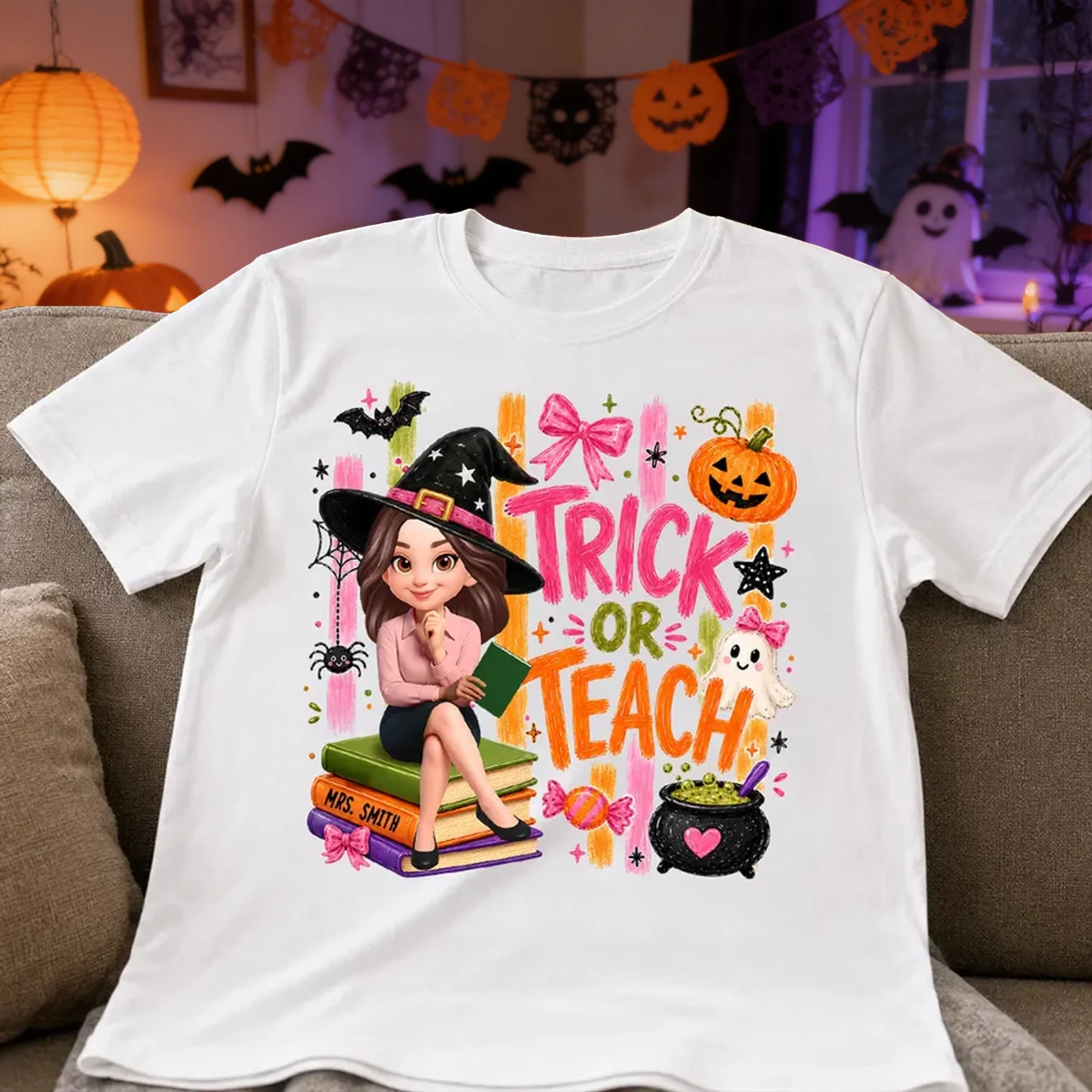 Personalized Classic Tee With Witch Teacher Art, Trick Or Teach Design, Unique Gift For Teachers