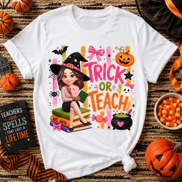 Personalized Classic Tee With Witch Teacher Art, Trick Or Teach Design, Unique Gift For Teachers - Image 4