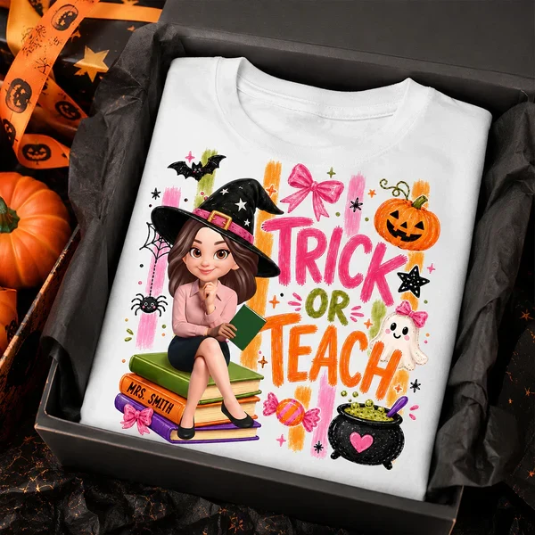 Personalized Classic Tee With Witch Teacher Art, Trick Or Teach Design, Unique Gift For Teachers - Image 6
