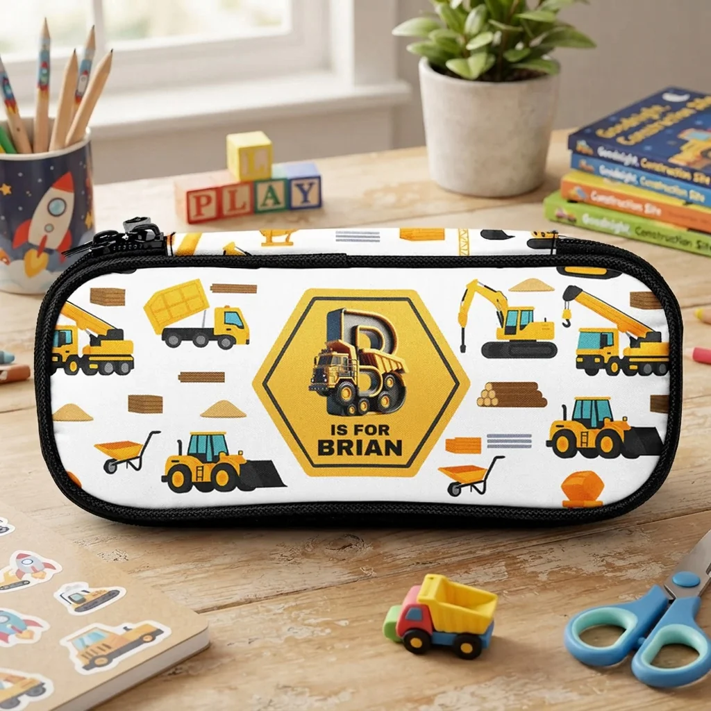 Personalized Construction Pencil Case with Initial Letter, Yellow Truck Design, Unique Gift for Kids