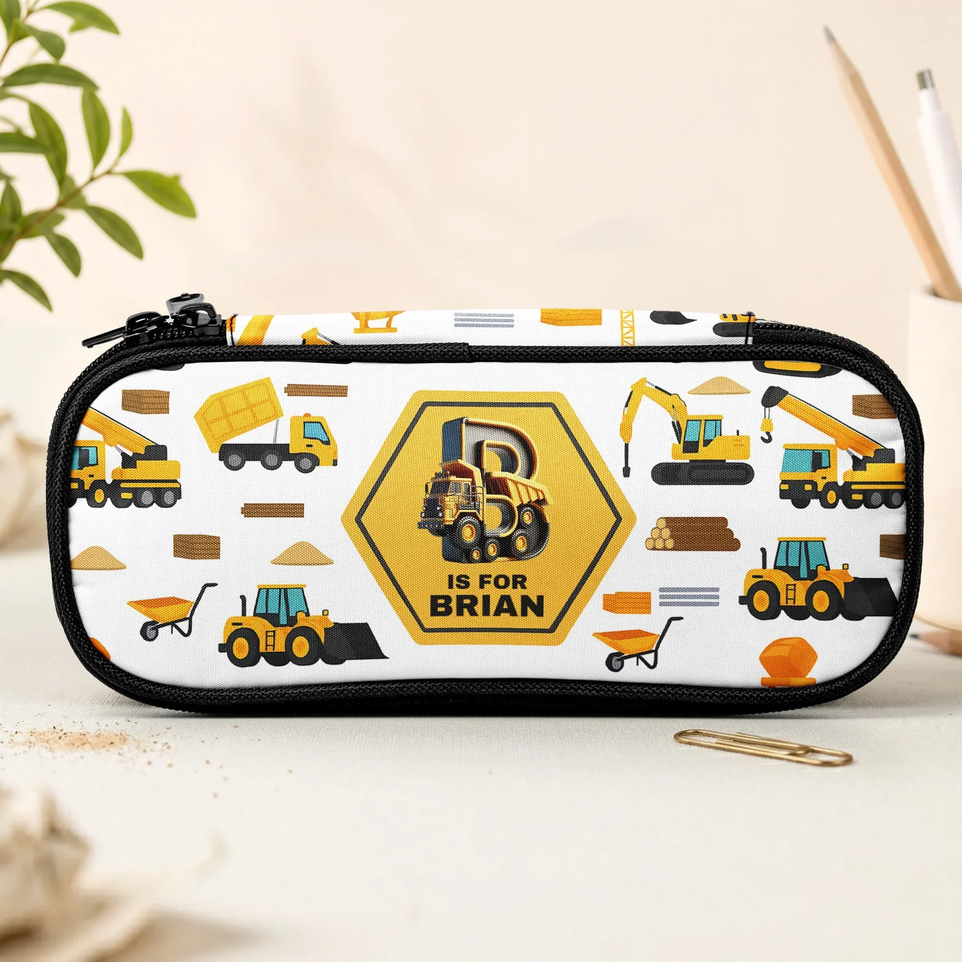 Personalized Construction Pencil Case with Initial Letter, Yellow Truck Design, Unique Gift for Kids - Image 2