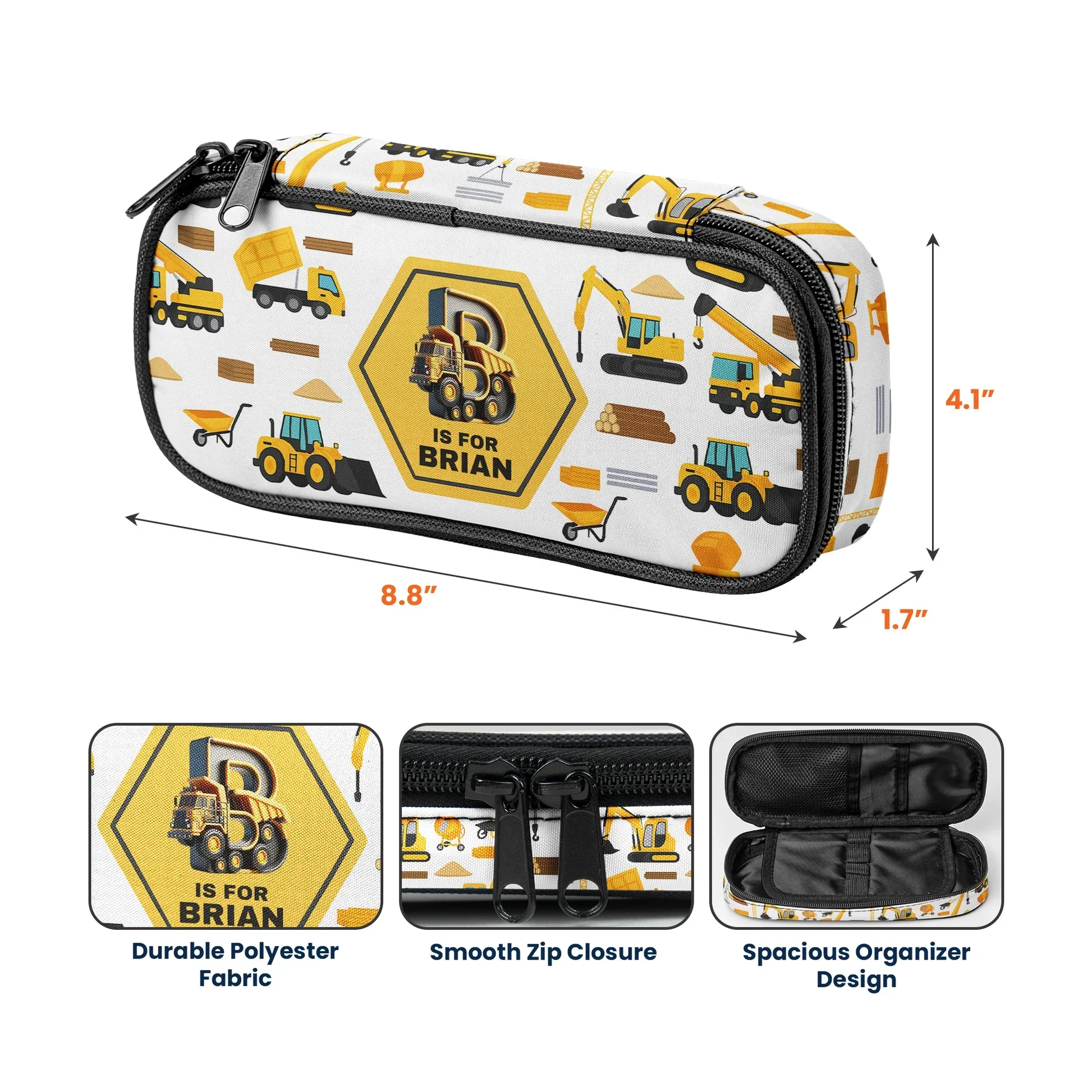 Personalized Construction Pencil Case with Initial Letter, Yellow Truck Design, Unique Gift for Kids - Image 4