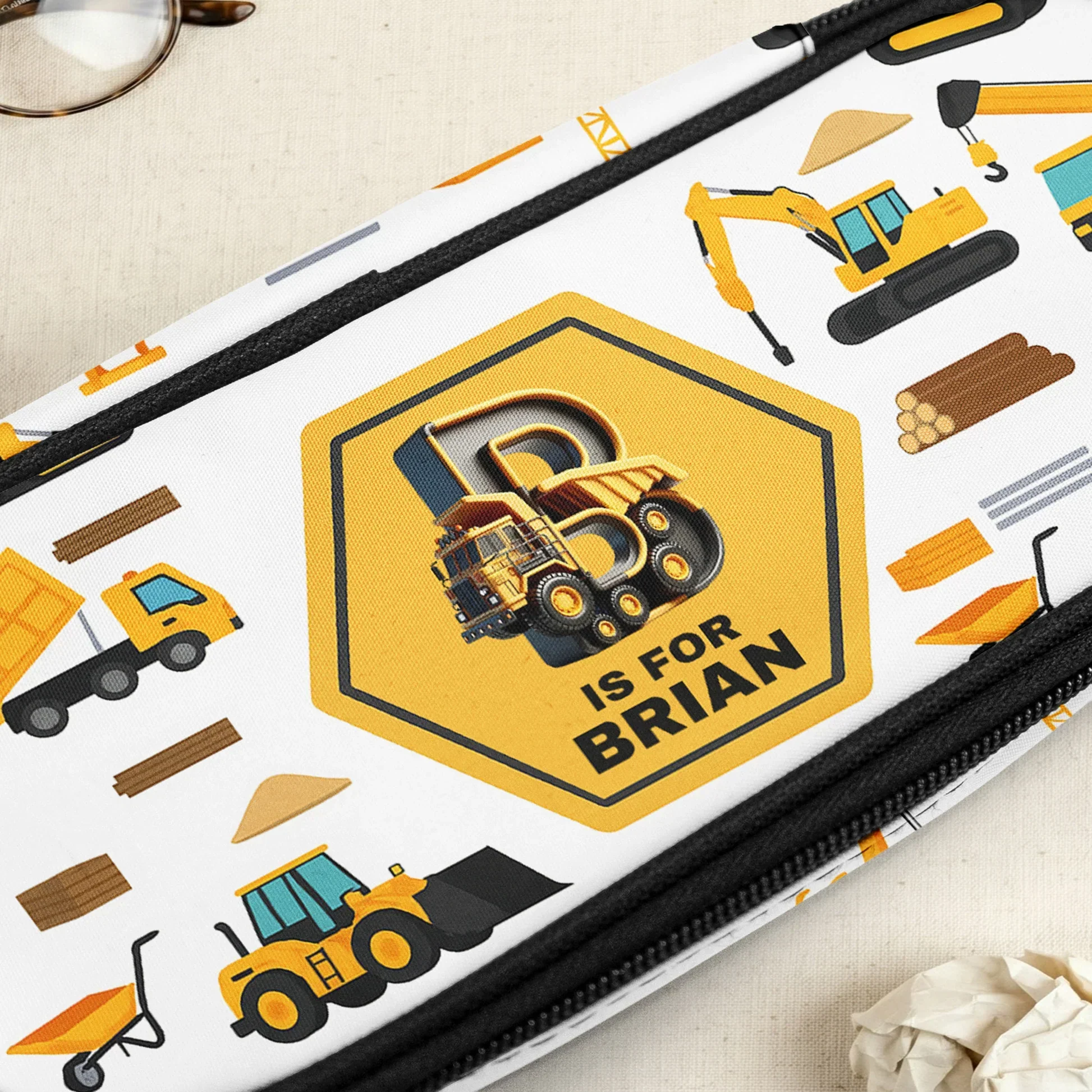 Personalized Construction Pencil Case with Initial Letter, Yellow Truck Design, Unique Gift for Kids - Image 5