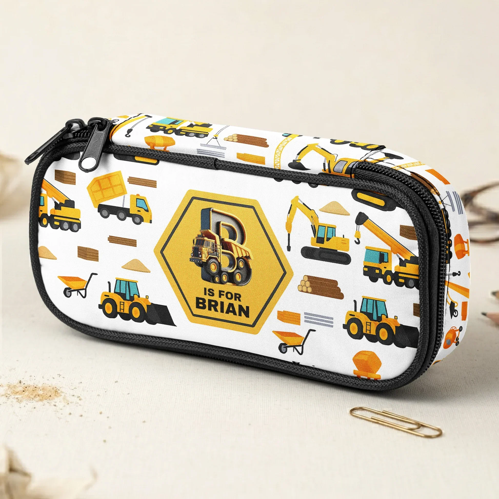 Personalized Construction Pencil Case with Initial Letter, Yellow Truck Design, Unique Gift for Kids - Image 6