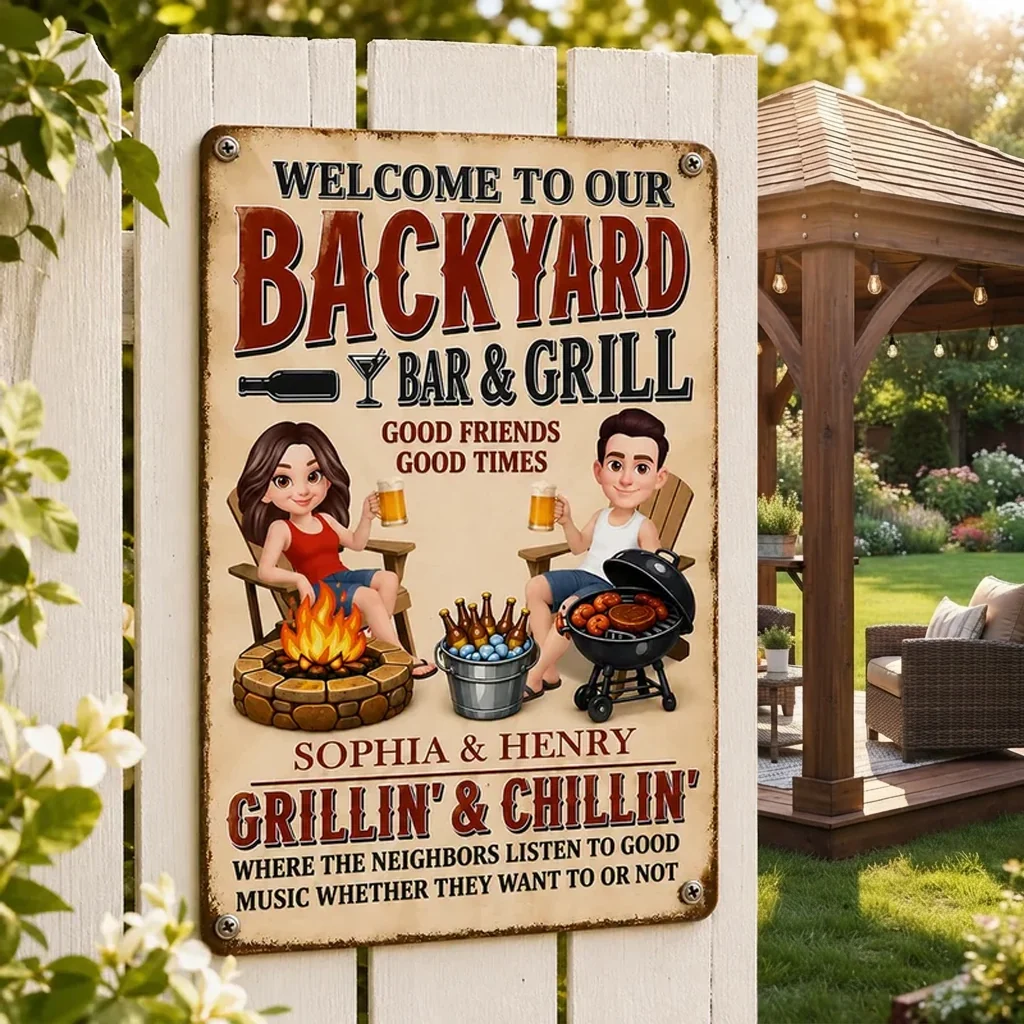 Personalized Backyard Bar & Grill Iron Sign, Sitting Couple in Sunlit Yard, Unique Gift for Couple