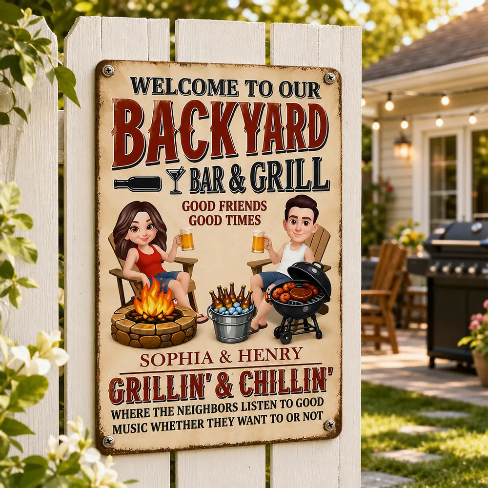 Personalized Backyard Bar & Grill Iron Sign, Sitting Couple in Sunlit Yard, Unique Gift for Couple - Image 2