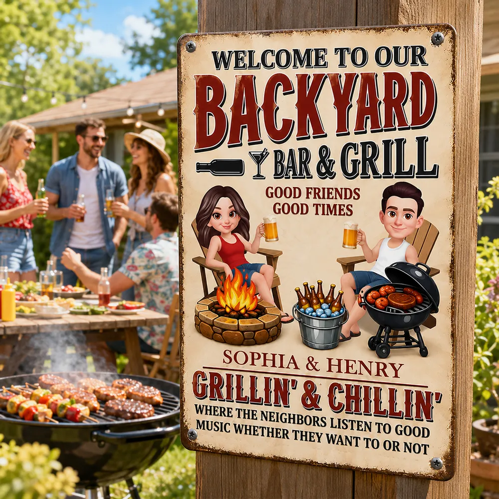 Personalized Backyard Bar & Grill Iron Sign, Sitting Couple in Sunlit Yard, Unique Gift for Couple - Image 3