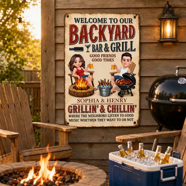 Personalized Backyard Bar & Grill Iron Sign, Sitting Couple in Sunlit Yard, Unique Gift for Couple - Image 4