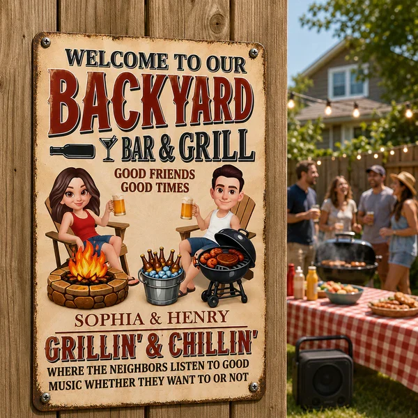 Personalized Backyard Bar & Grill Iron Sign, Sitting Couple in Sunlit Yard, Unique Gift for Couple - Image 5