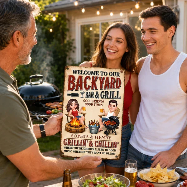 Personalized Backyard Bar & Grill Iron Sign, Sitting Couple in Sunlit Yard, Unique Gift for Couple - Image 6