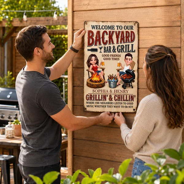 Personalized Backyard Bar & Grill Iron Sign, Sitting Couple in Sunlit Yard, Unique Gift for Couple - Image 7
