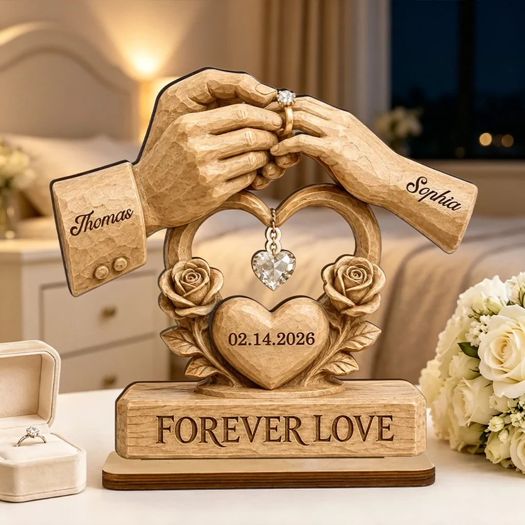 Personalized Layered Wooden Plaque For Couple, Unique Wedding Gift With Warm Ring Exchange Scene