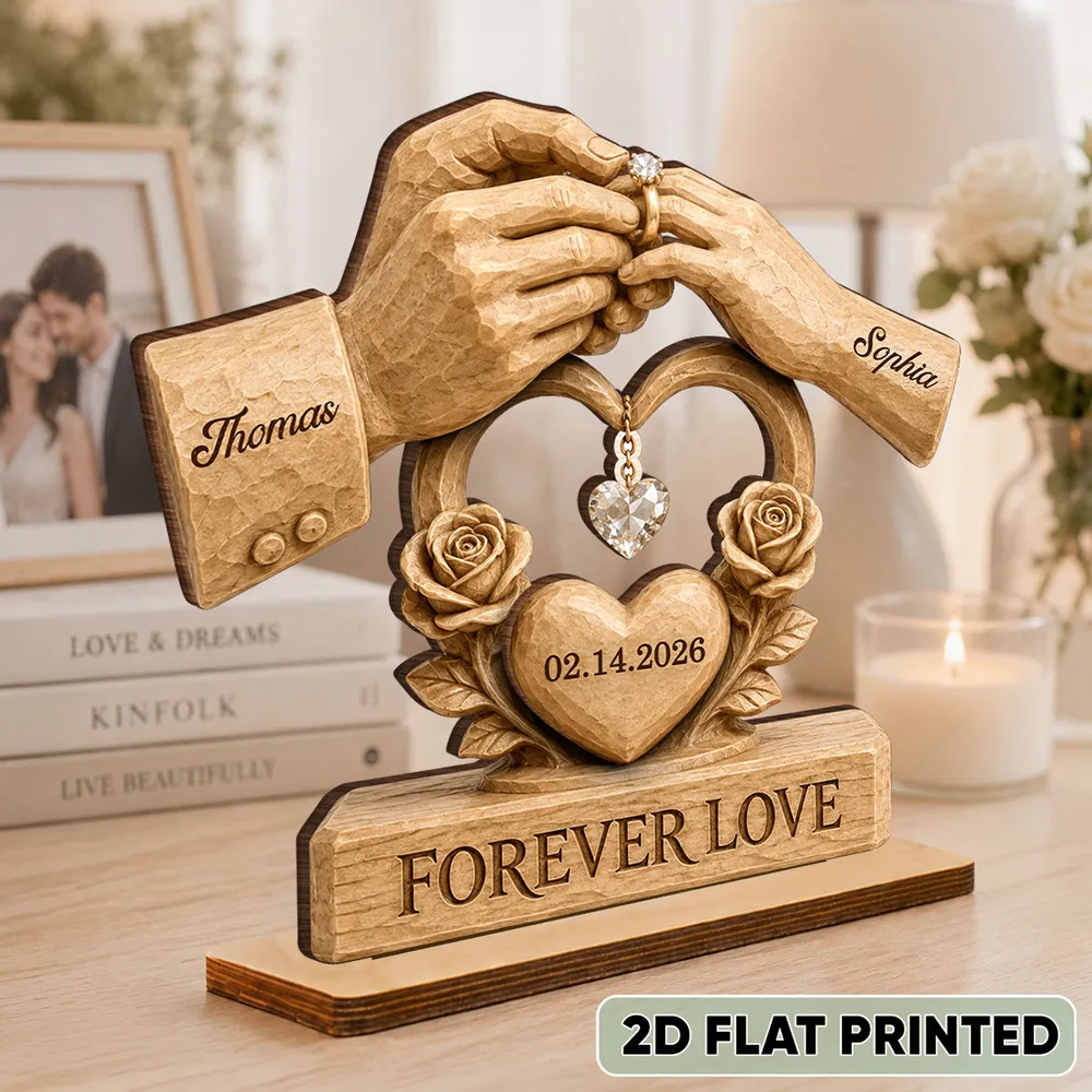 Personalized Layered Wooden Plaque For Couple, Unique Wedding Gift With Warm Ring Exchange Scene - Image 3