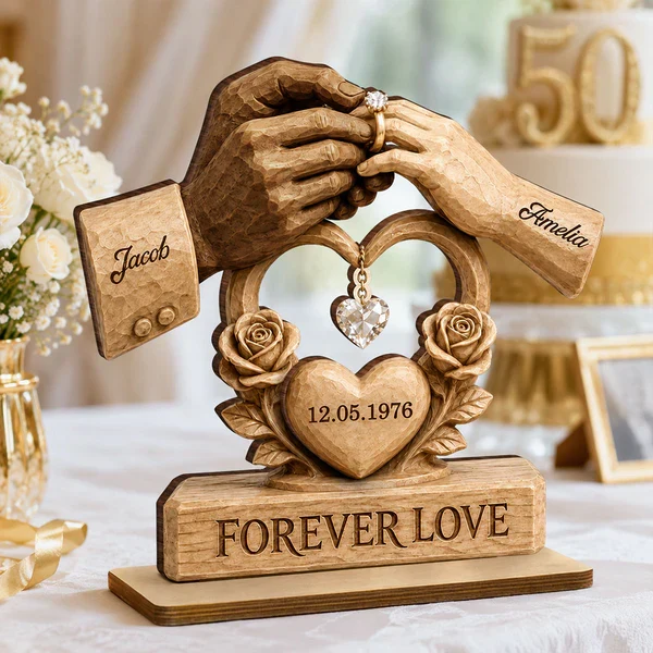 Personalized Layered Wooden Plaque For Couple, Unique Wedding Gift With Warm Ring Exchange Scene - Image 5