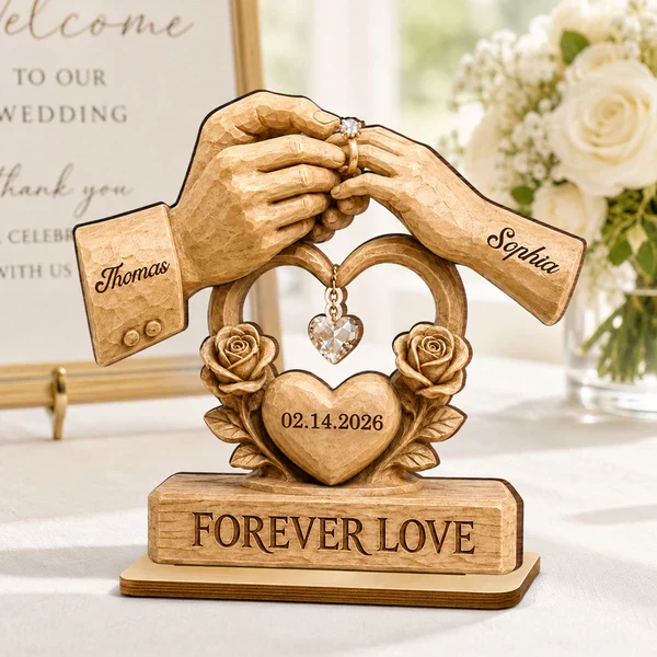 Personalized Layered Wooden Plaque For Couple, Unique Wedding Gift With Warm Ring Exchange Scene - Image 6