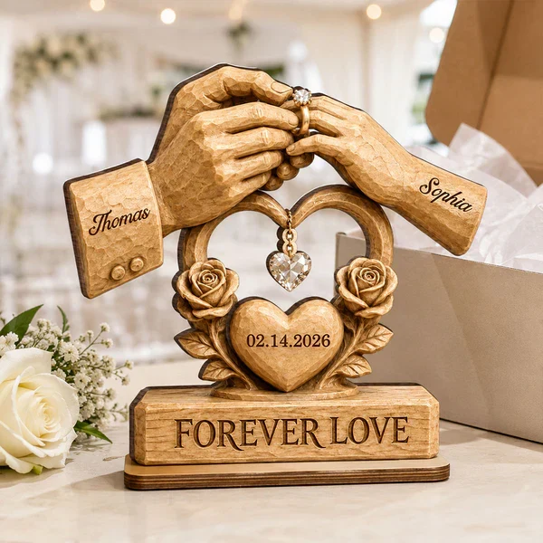 Personalized Layered Wooden Plaque For Couple, Unique Wedding Gift With Warm Ring Exchange Scene - Image 7
