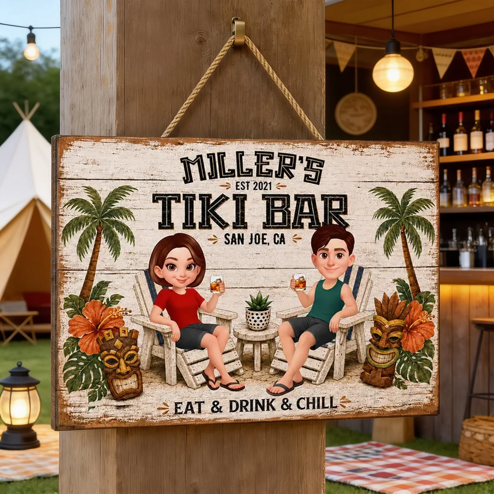 Personalized Tiki Bar Wooden Sign, Cartoon Couple Holding Drinks, Unique Gift For Couples