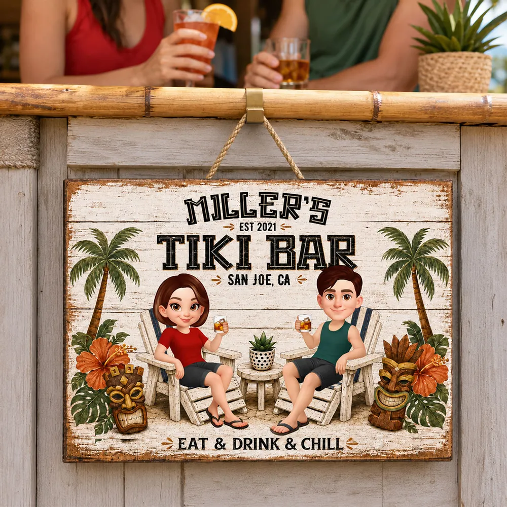 Personalized Tiki Bar Wooden Sign, Cartoon Couple Holding Drinks, Unique Gift For Couples - Image 2