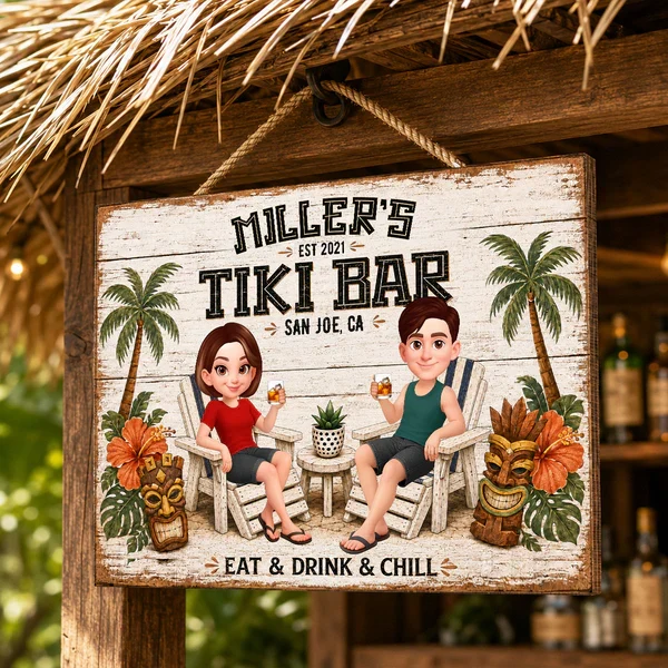 Personalized Tiki Bar Wooden Sign, Cartoon Couple Holding Drinks, Unique Gift For Couples - Image 3