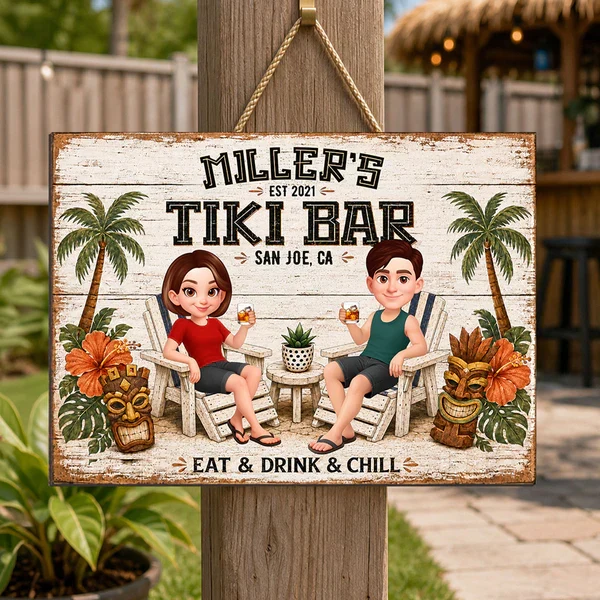 Personalized Tiki Bar Wooden Sign, Cartoon Couple Holding Drinks, Unique Gift For Couples - Image 5