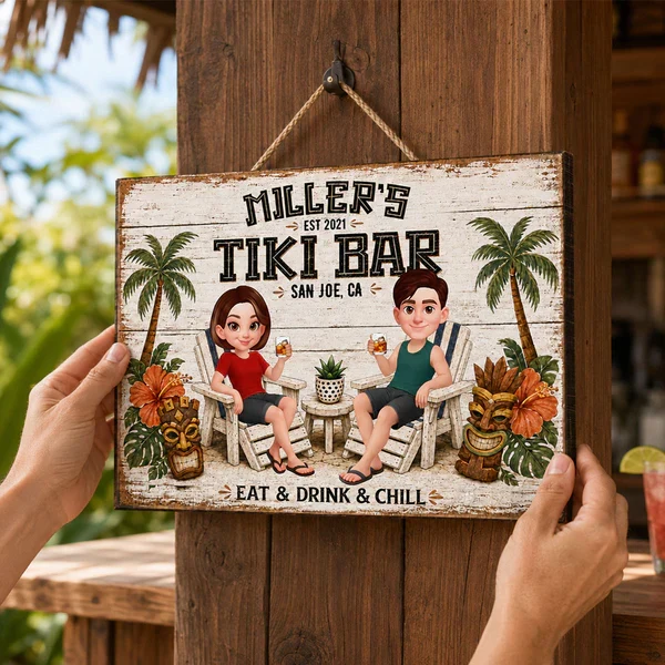 Personalized Tiki Bar Wooden Sign, Cartoon Couple Holding Drinks, Unique Gift For Couples - Image 7