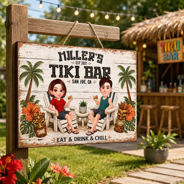 Personalized Tiki Bar Wooden Sign, Cartoon Couple Holding Drinks, Unique Gift For Couples - Image 8