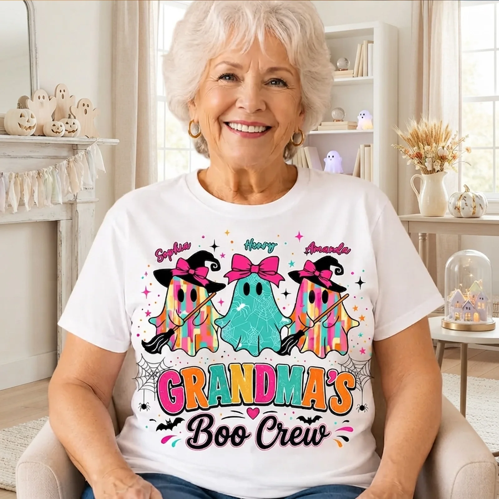 Personalized Grandma's Boo Crew Classic Tee, Bow Ghosts For Smiling Grandma, Unique Gift