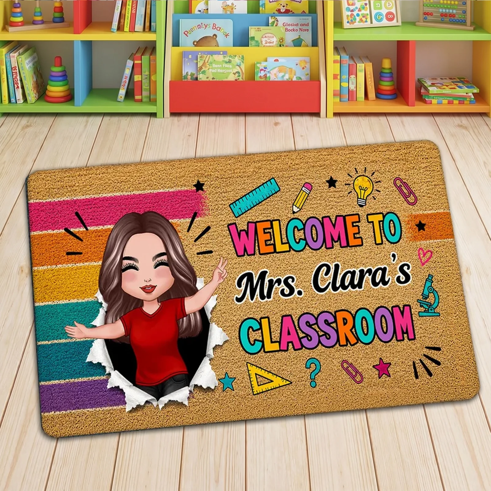 Personalized Doormat With Waving Teacher Illustration, Colorful Classroom Decor, Unique Gift For Teacher