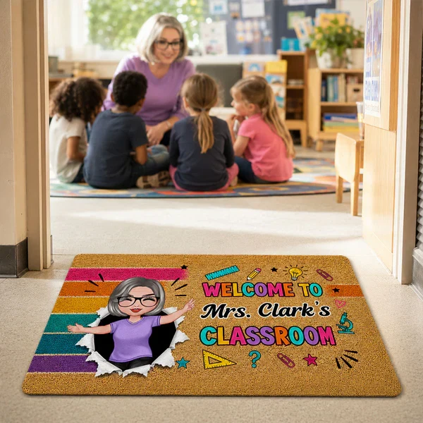 Personalized Doormat With Waving Teacher Illustration, Colorful Classroom Decor, Unique Gift For Teacher - Image 3