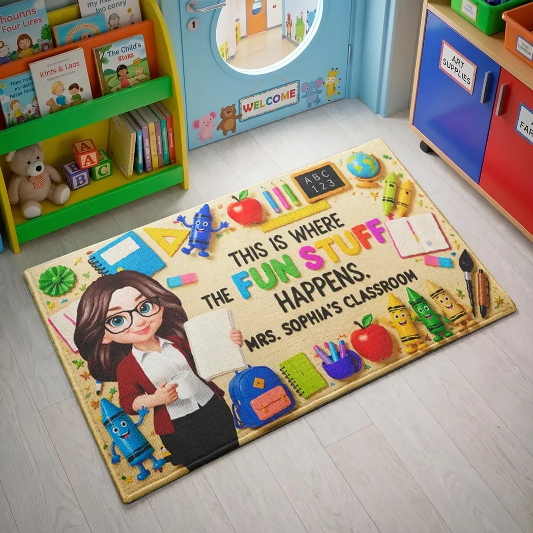 Personalized Standard Doormat With Standing Cartoon Teacher & School Supplies, Unique Teacher Gift