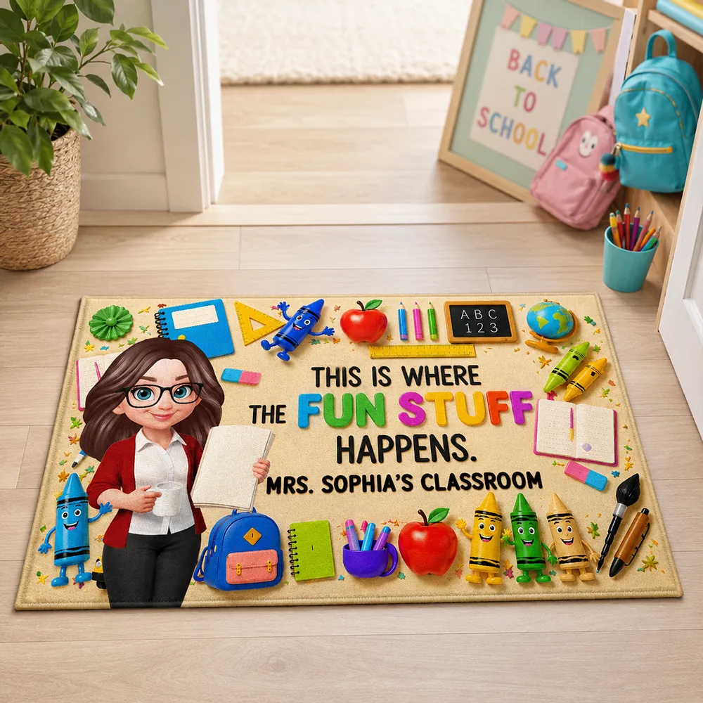 Personalized Standard Doormat With Standing Cartoon Teacher & School Supplies, Unique Teacher Gift - Image 2