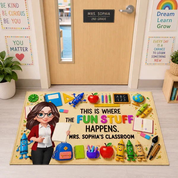 Personalized Standard Doormat With Standing Cartoon Teacher & School Supplies, Unique Teacher Gift - Image 3