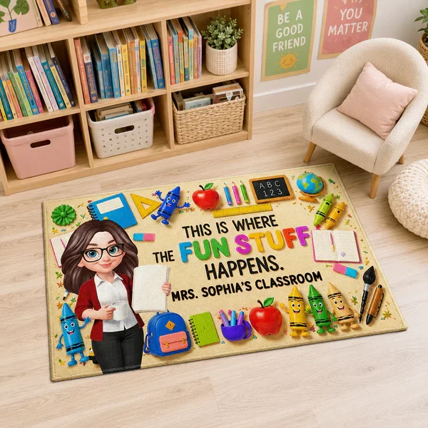 Personalized Standard Doormat With Standing Cartoon Teacher & School Supplies, Unique Teacher Gift - Image 5