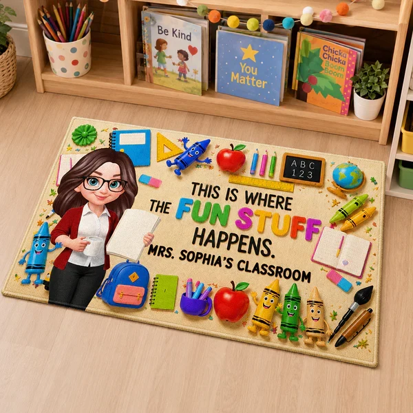 Personalized Standard Doormat With Standing Cartoon Teacher & School Supplies, Unique Teacher Gift - Image 6