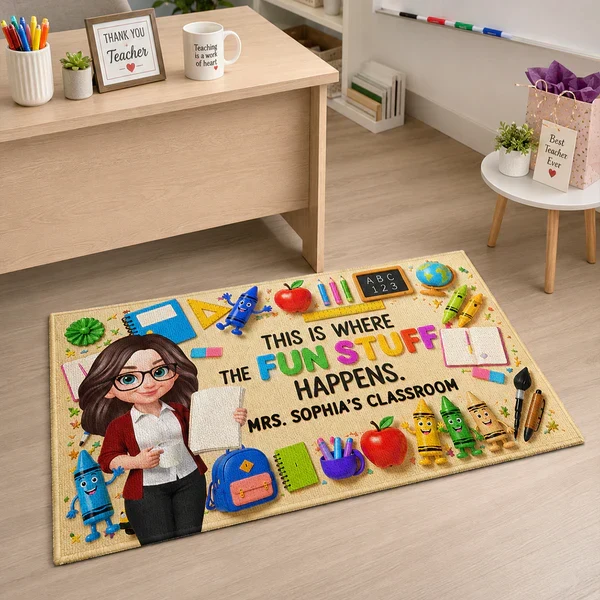 Personalized Standard Doormat With Standing Cartoon Teacher & School Supplies, Unique Teacher Gift - Image 7