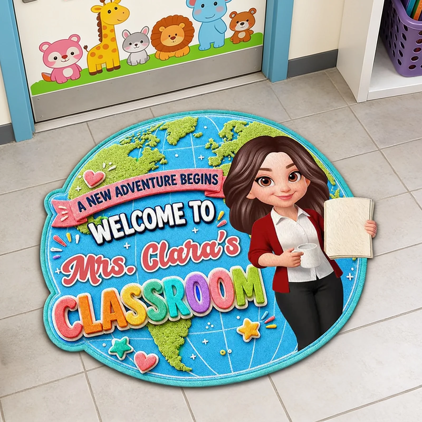 Personalized Shaped Doormat, Globe Classroom Welcome Design, Unique Creative Gift for Teacher
