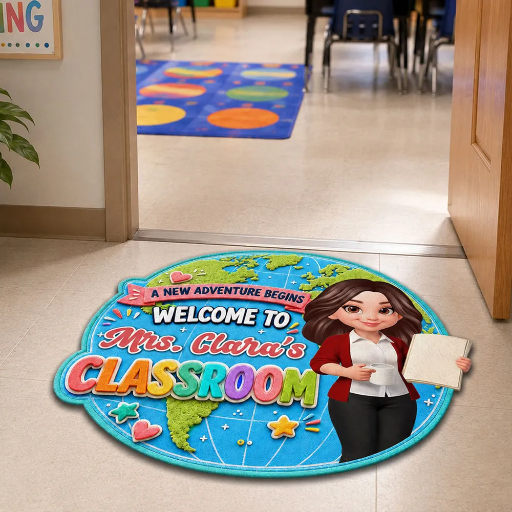 Personalized Shaped Doormat, Globe Classroom Welcome Design, Unique Creative Gift for Teacher - Image 2