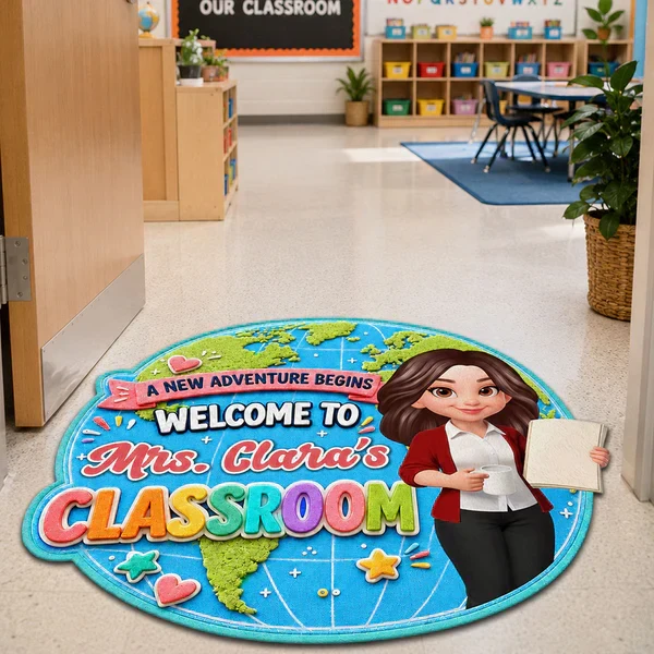 Personalized Shaped Doormat, Globe Classroom Welcome Design, Unique Creative Gift for Teacher - Image 8