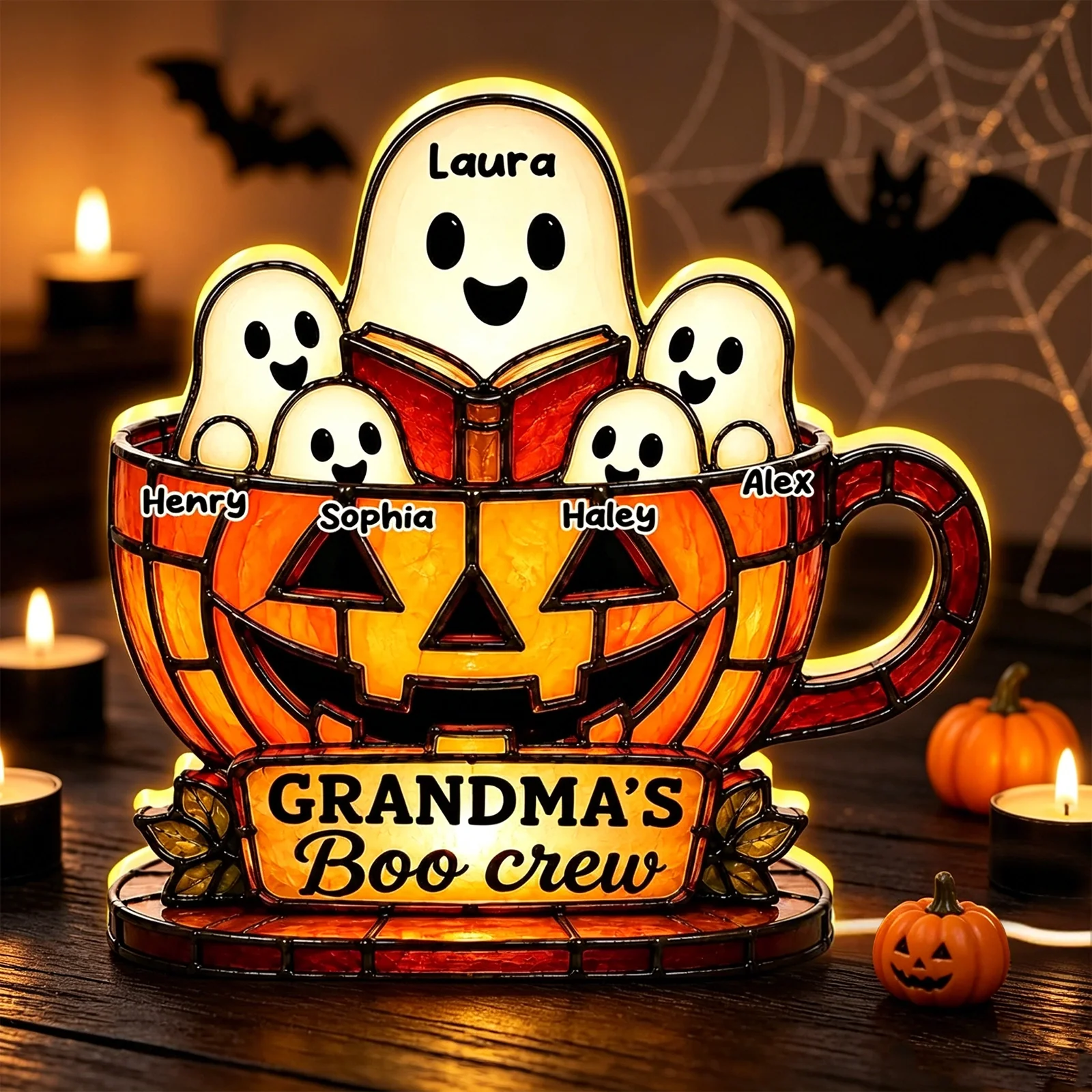 Personalized Grandma's Boo Crew Acrylic Light Box, Halloween Ghost Pumpkin Decor, Unique Gift for Grandma