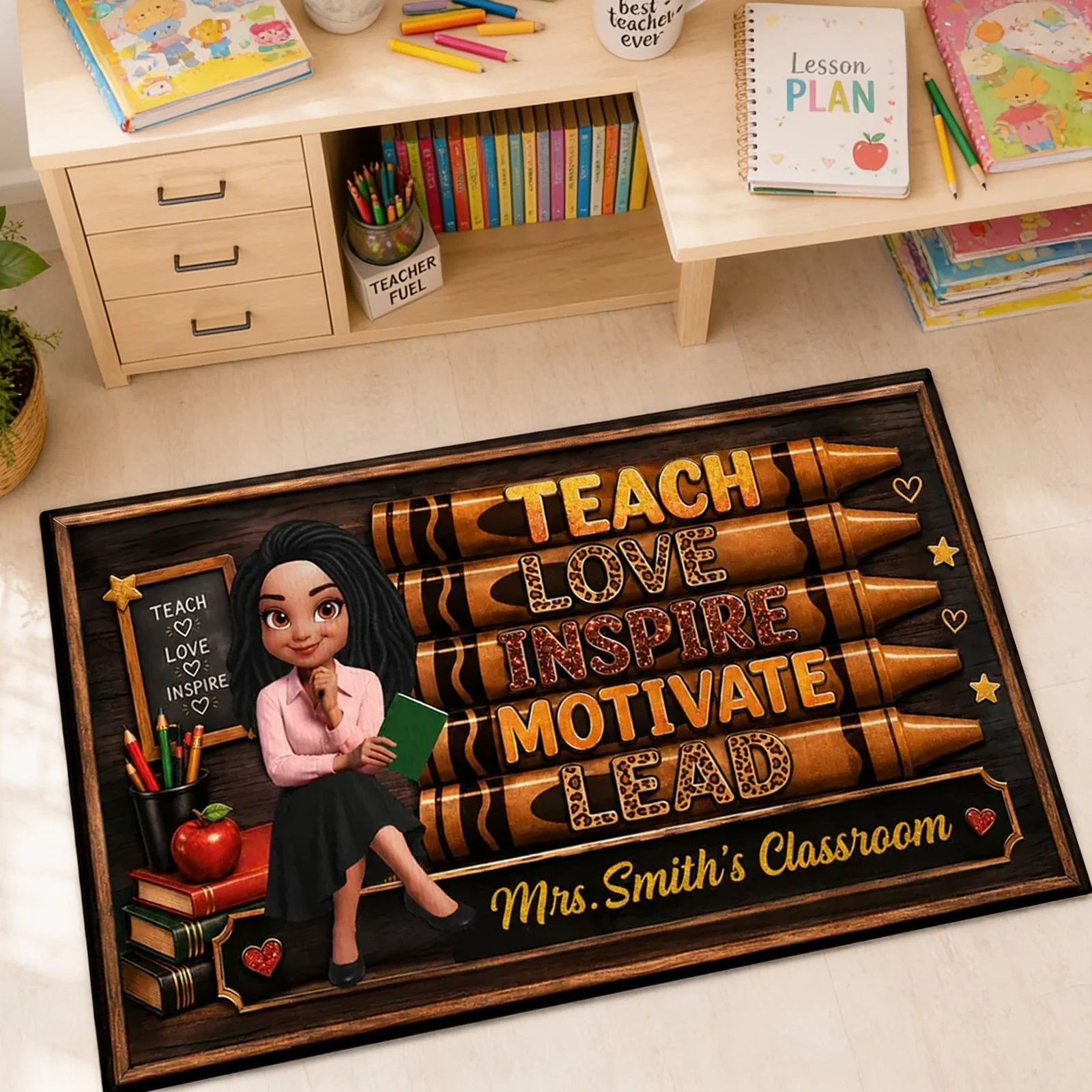 Personalized Standard Doormat, Seated Teacher with Book, Unique Gift for Teachers