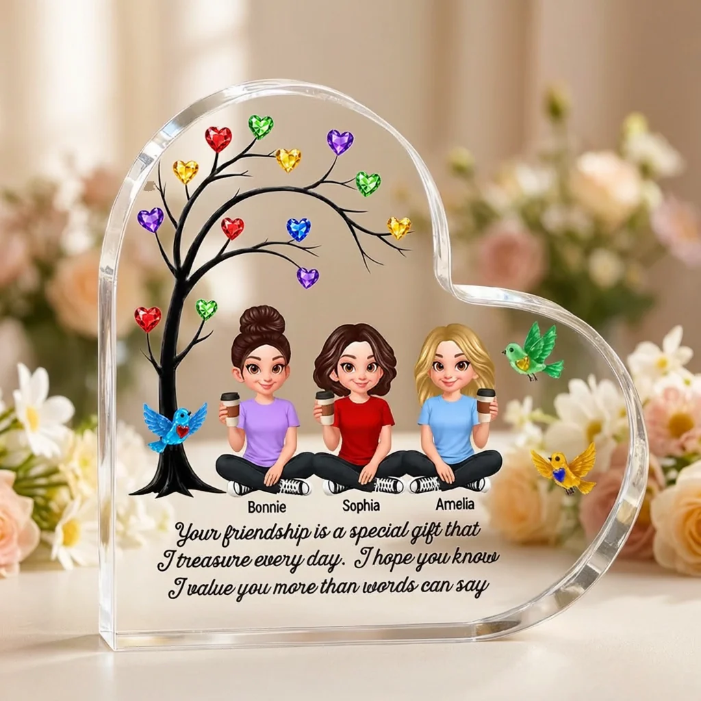 Personalized Heart Acrylic Block Plaque, Colorful Friendship Tree, Unique Gift for Sister & Friend