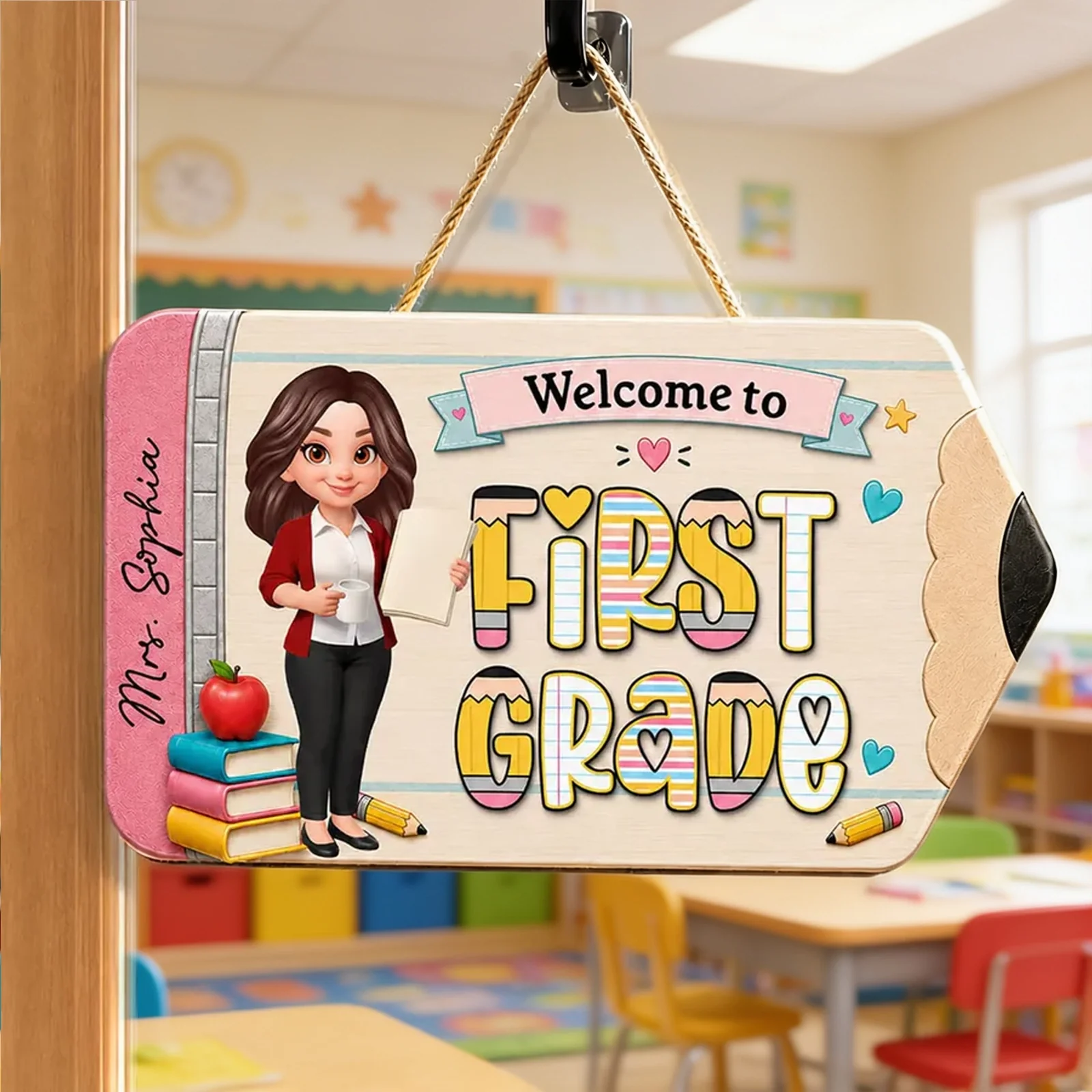 First Grade Wooden Sign With Standing Teacher Cartoon, Personalized Classroom Decor, Unique Teacher Gift