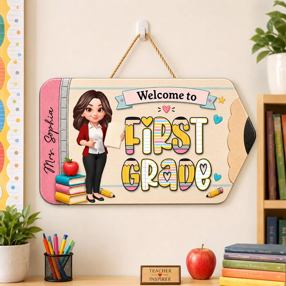 First Grade Wooden Sign With Standing Teacher Cartoon, Personalized Classroom Decor, Unique Teacher Gift - Image 2