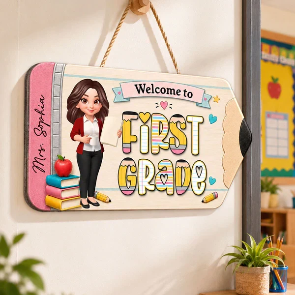 First Grade Wooden Sign With Standing Teacher Cartoon, Personalized Classroom Decor, Unique Teacher Gift - Image 3