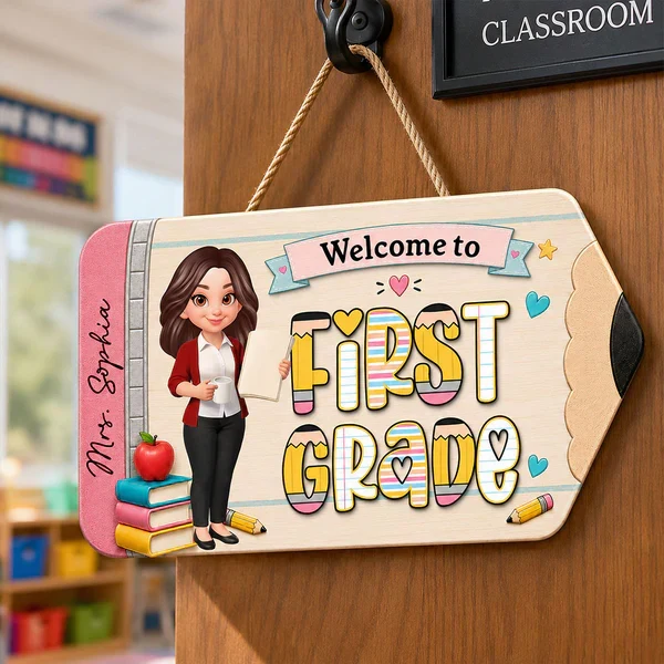 First Grade Wooden Sign With Standing Teacher Cartoon, Personalized Classroom Decor, Unique Teacher Gift - Image 8