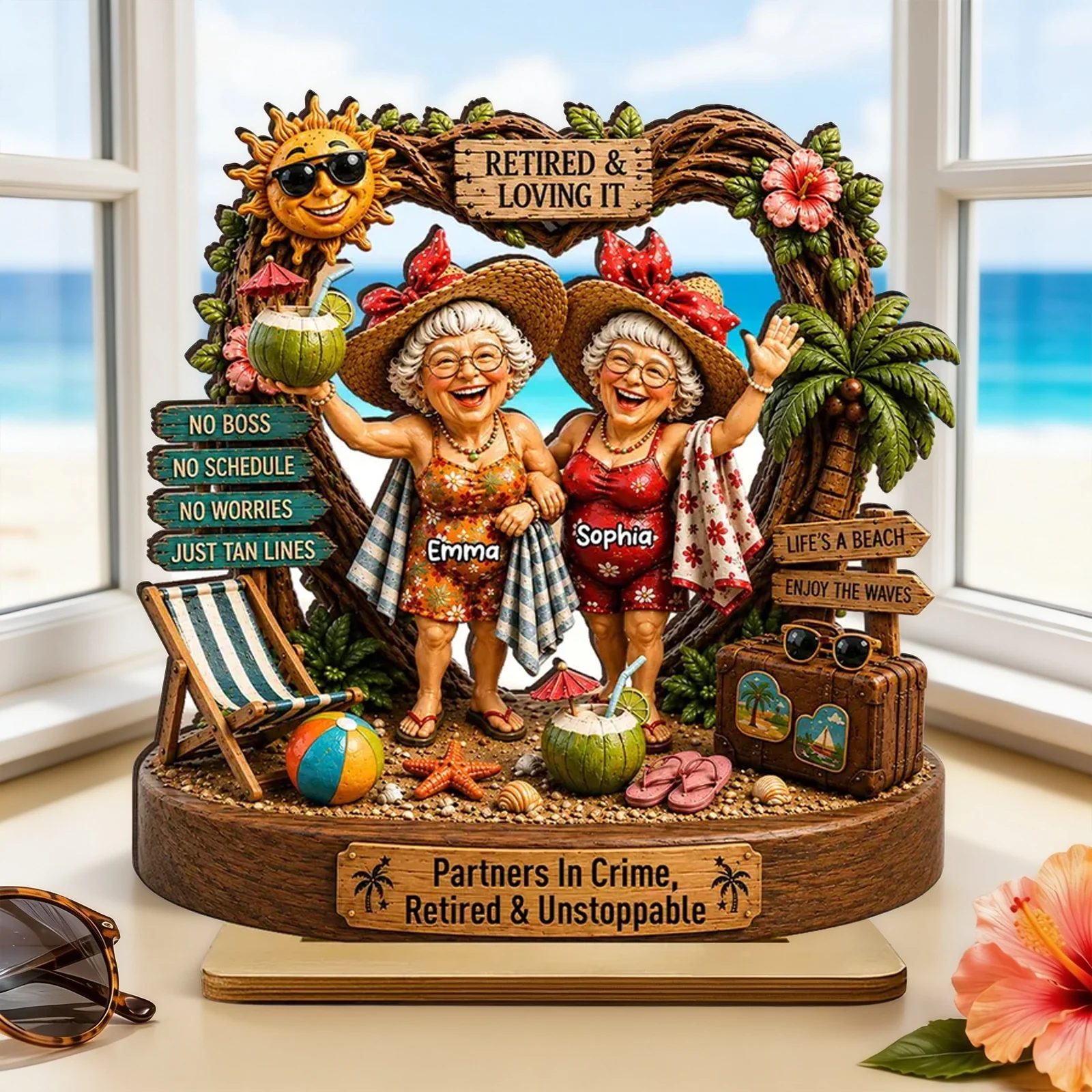 Personalized 2-Layer Wooden Plaque, Retired Friends Beach Scene, Unique Creative Gift for Close Friends