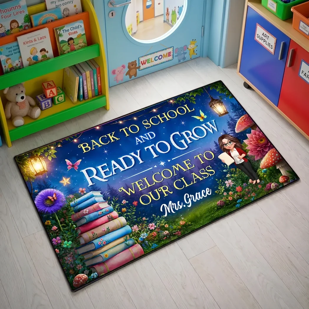 Personalized Back To School Doormat With Teacher Reading Art, Unique Teacher Gift For Indoor Entryway