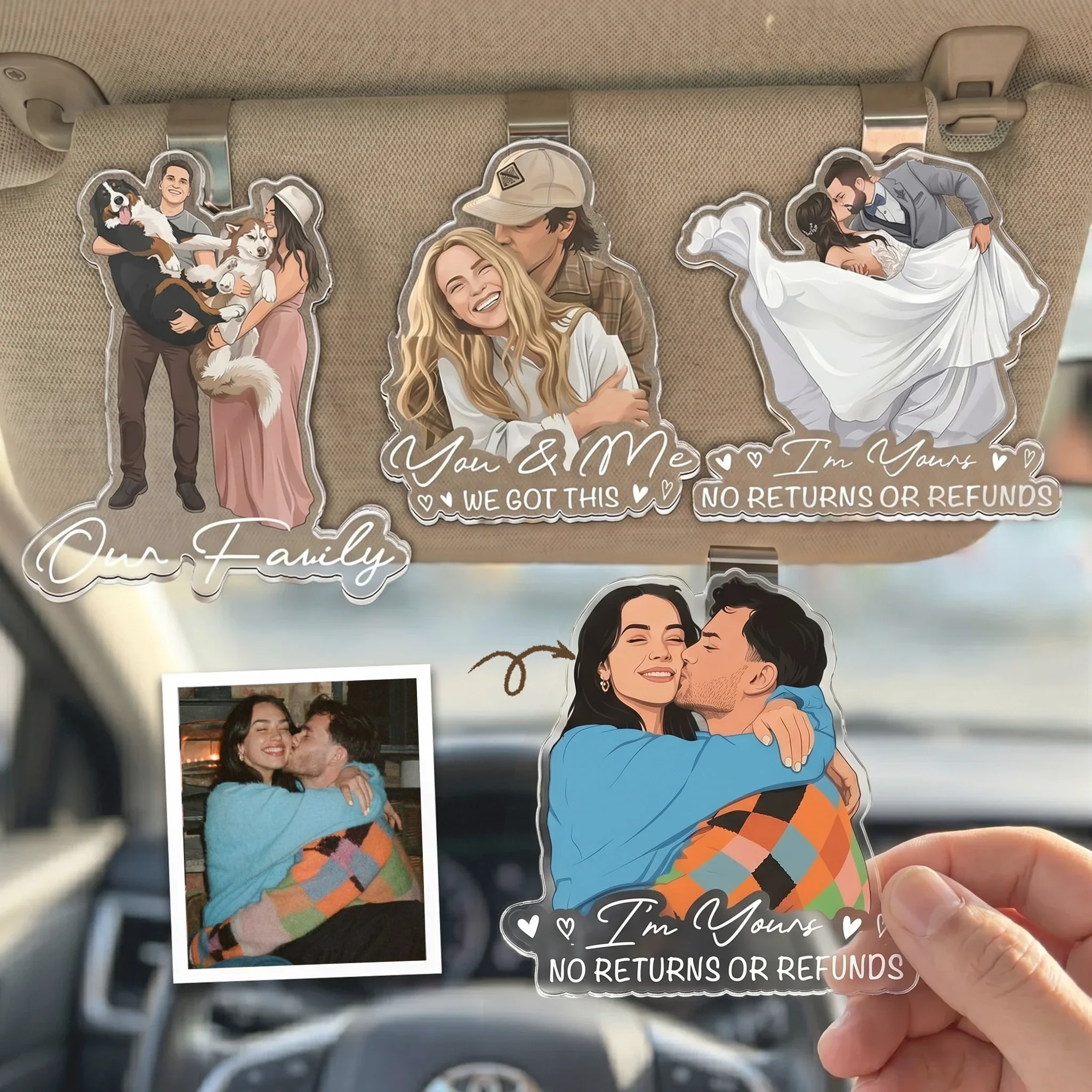 Personalized Acrylic Car Visor Clip with Hugging Couple, Creative Gift for Partner & Neat Car Interior