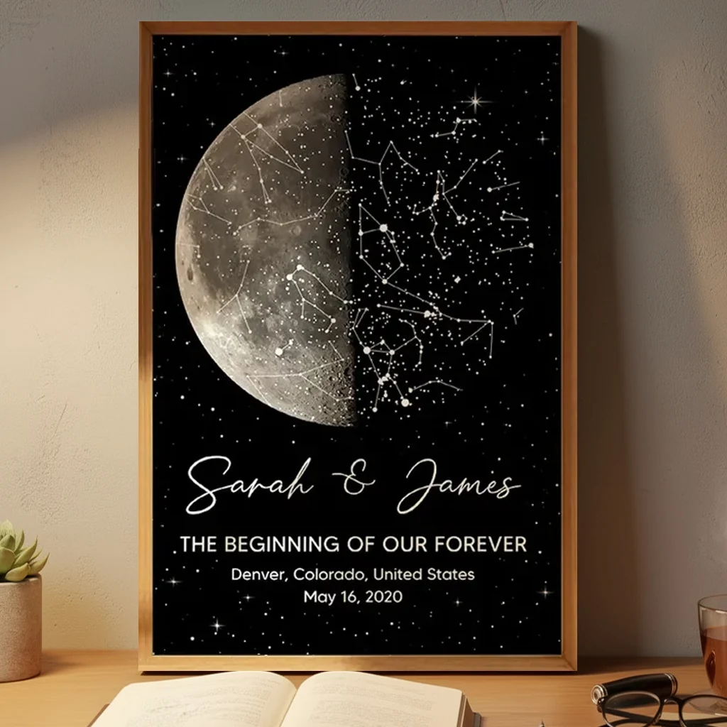 Personalized Moon Phase & Star Map Poster, Unique Gift for Couple, Custom Night Sky Wall Art
