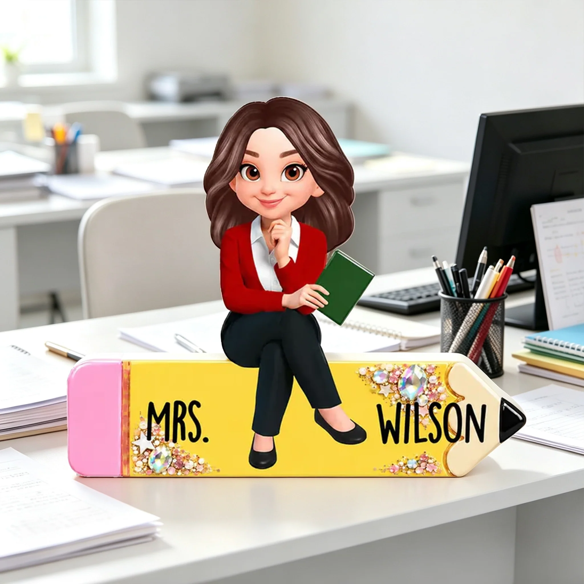 Personalized Shaped Acrylic Block Plaque, Teacher Sitting On Pencil, Unique Gift For Teacher Desk Decor